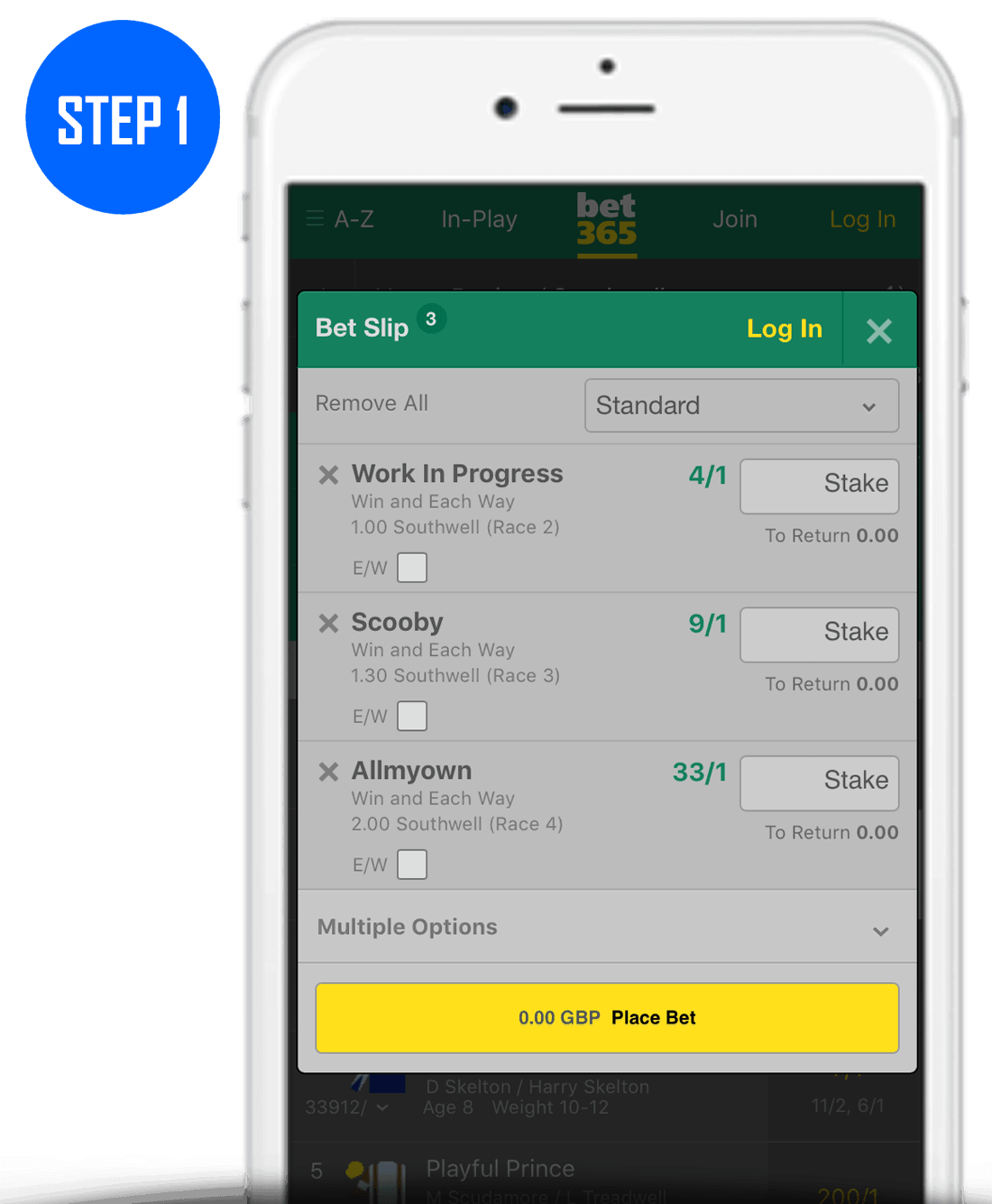 Adding a selection of 3 bets on bet365