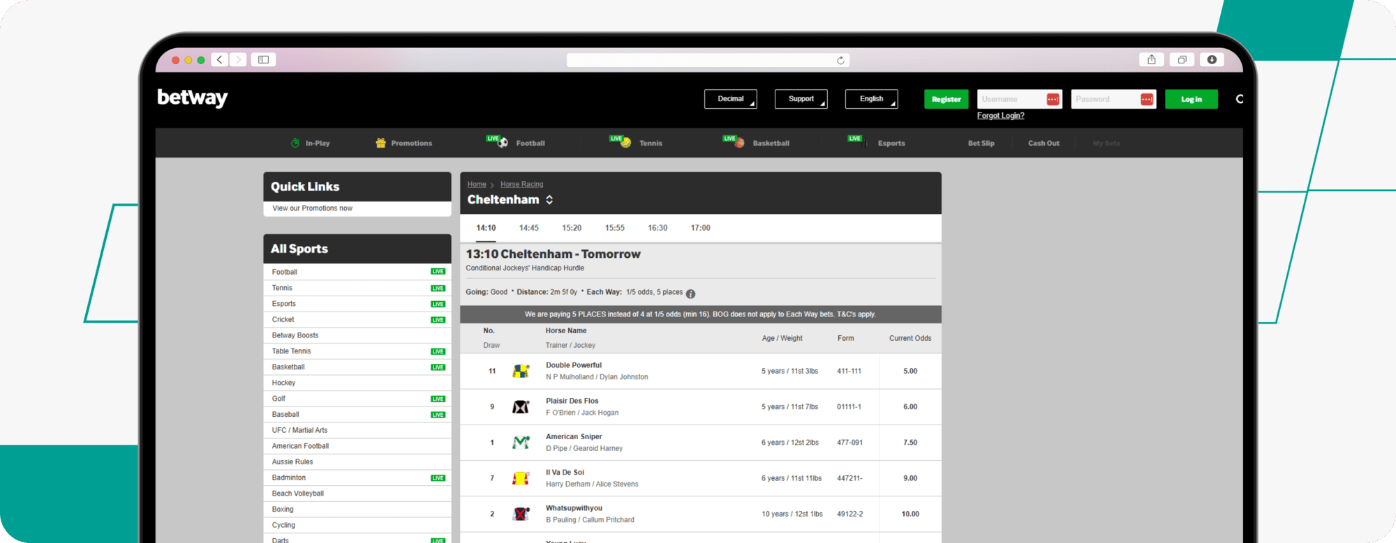 Horse racing market on betway