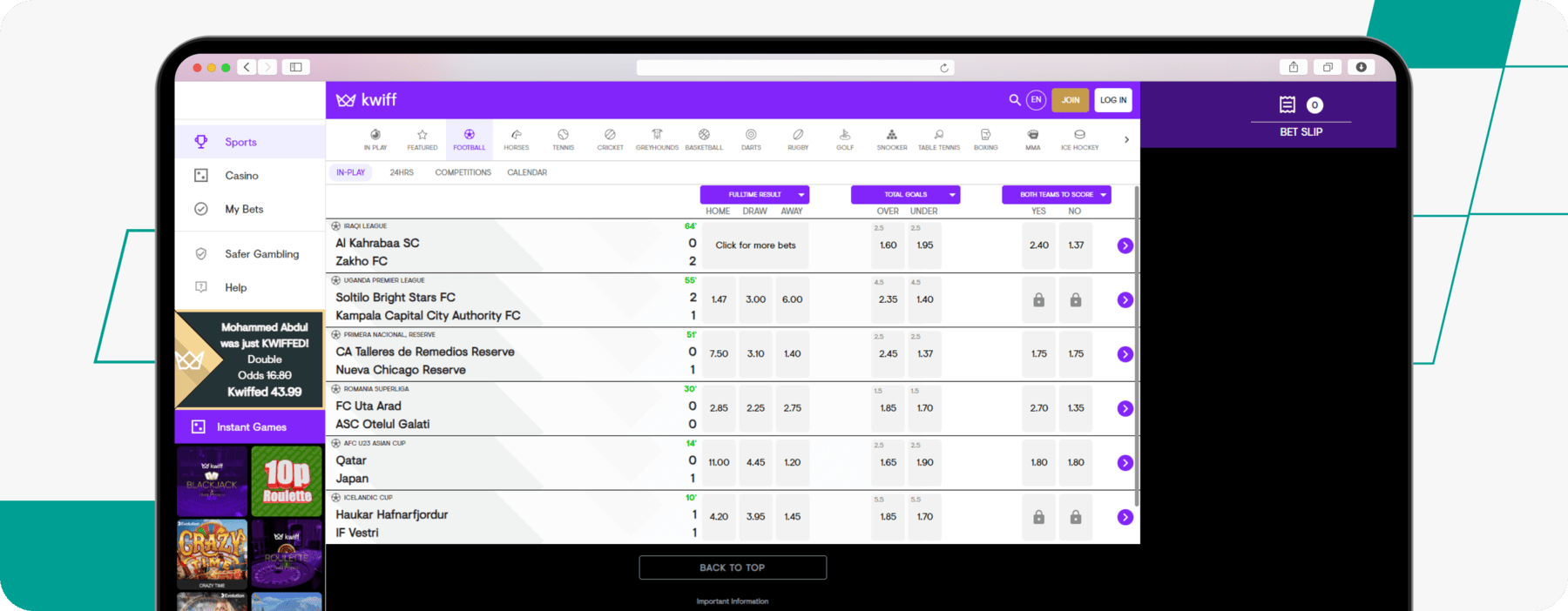 Kwiff football betting desktop screenshot