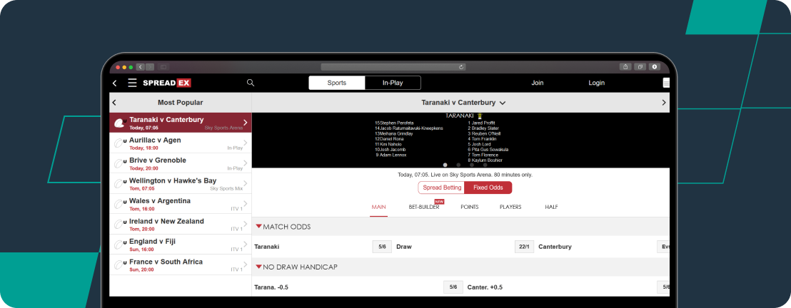 Screenshot of Spreadex Rugby Betting Markets.