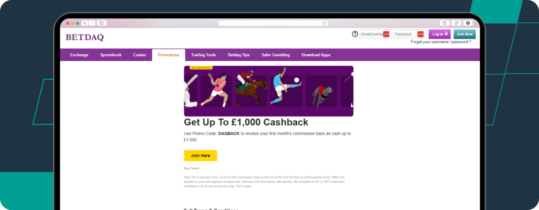 Screenshot of BETDAQ Get Up To £1000 Cashback Promotion.