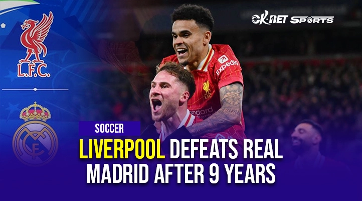 Liverpool vs Real Madrid image of 3 person celebrating after a goal with an overlay text